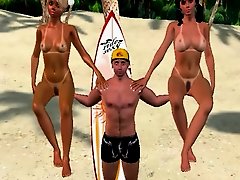 3D dude with big dick fucks two tanned bikini babes at the beach