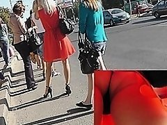 Blond in hot red suit darksome up petticoat